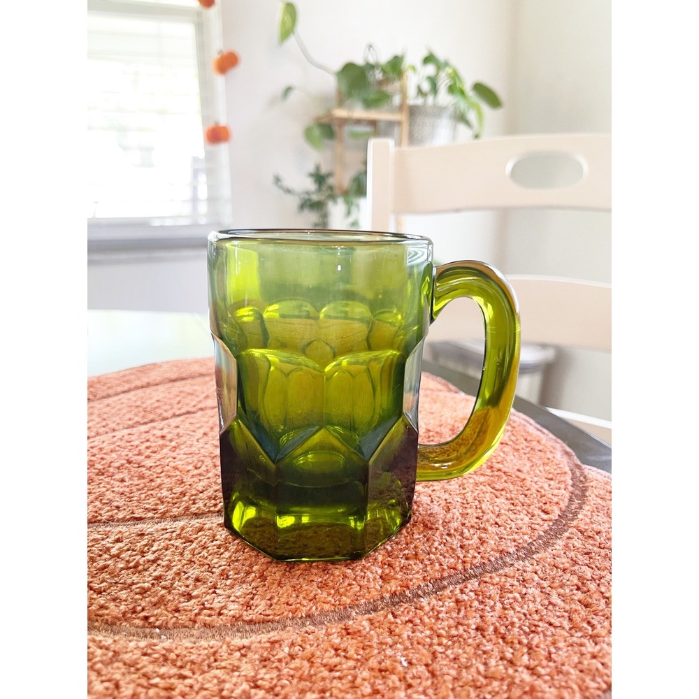 Vintage Avocado Green Glass Mug Paneled Mid Century Modern Stein